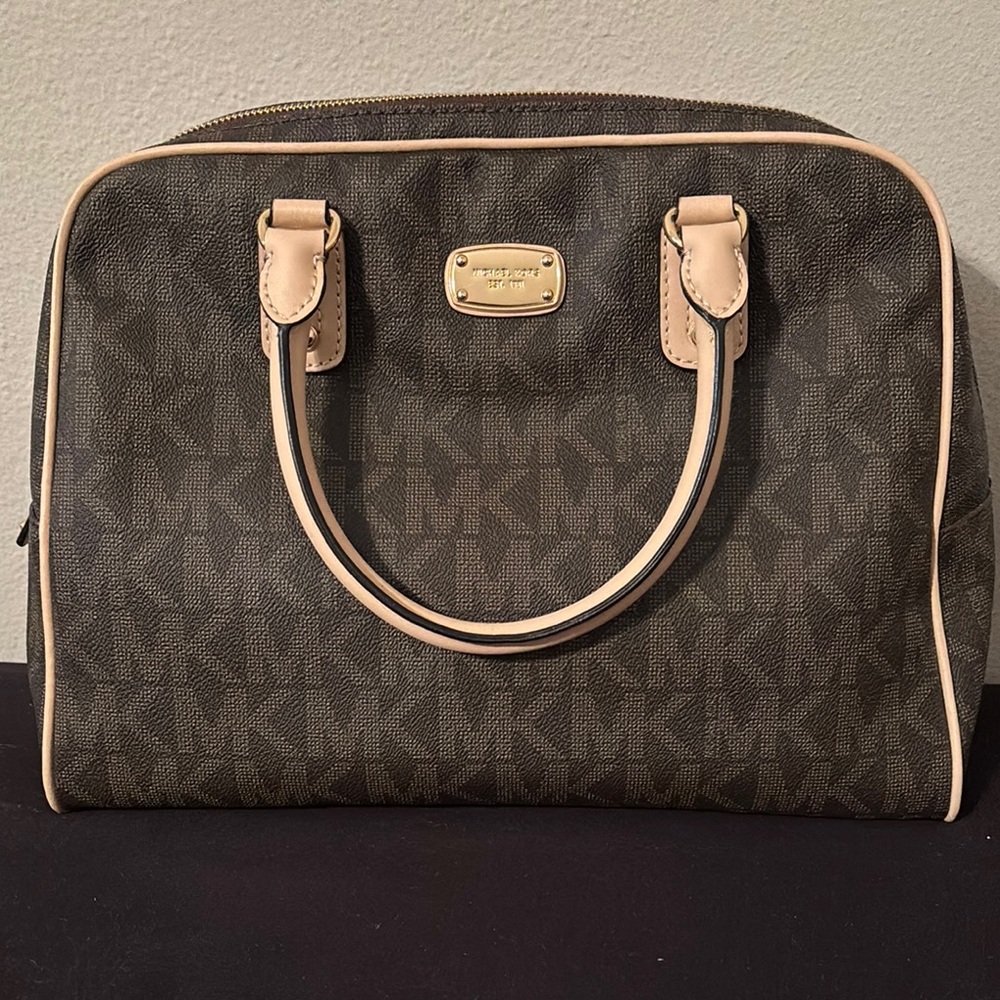 Michael Kors Brown Monogram Satchel with Gold Accents